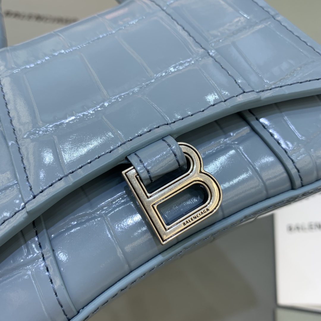 Balenciaga Hourglass Mini Handbag With Chain Crocodile Embossed Shoulder Bag Light blue